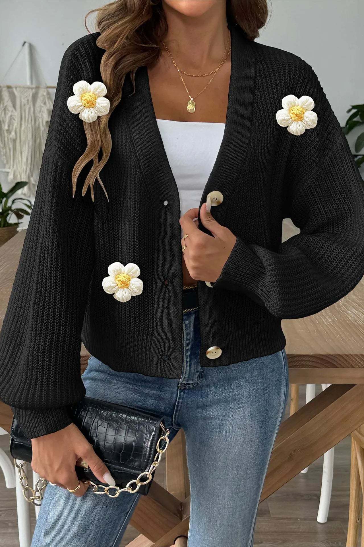 Short Floral Knit Long Sleeve Cardigan Black / S