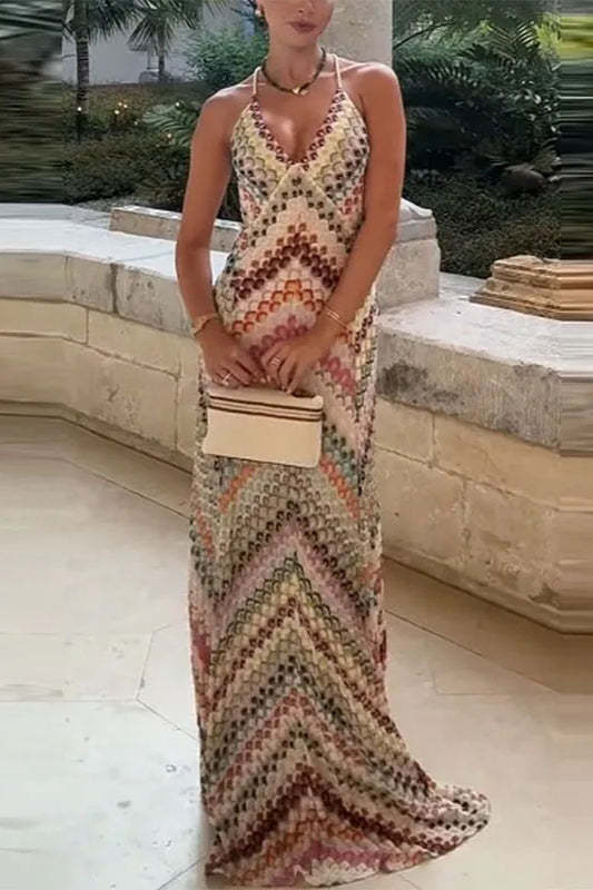 Contrast Color V Neck Boho Dress