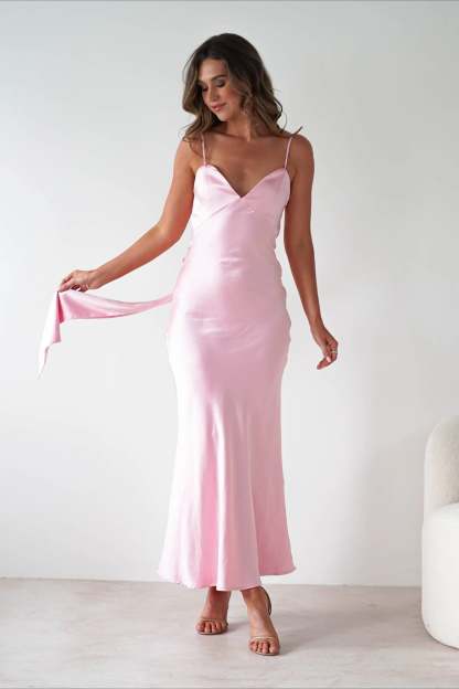 Satin Backless Tie Party Dress S / Pink