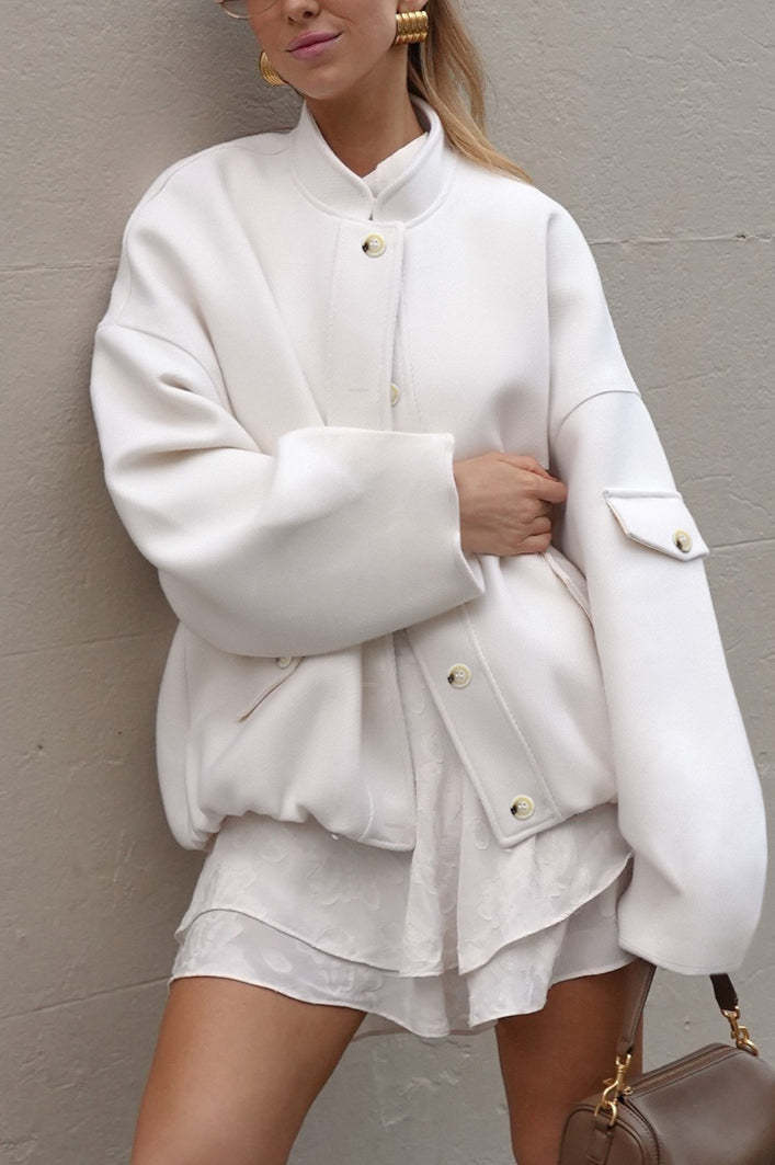Loose Fit Stand Collar Wool Coat White / S