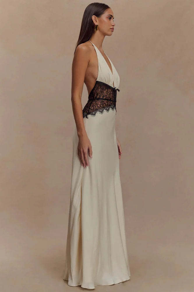 Lace Patchwork Backless Halter Boho Dress