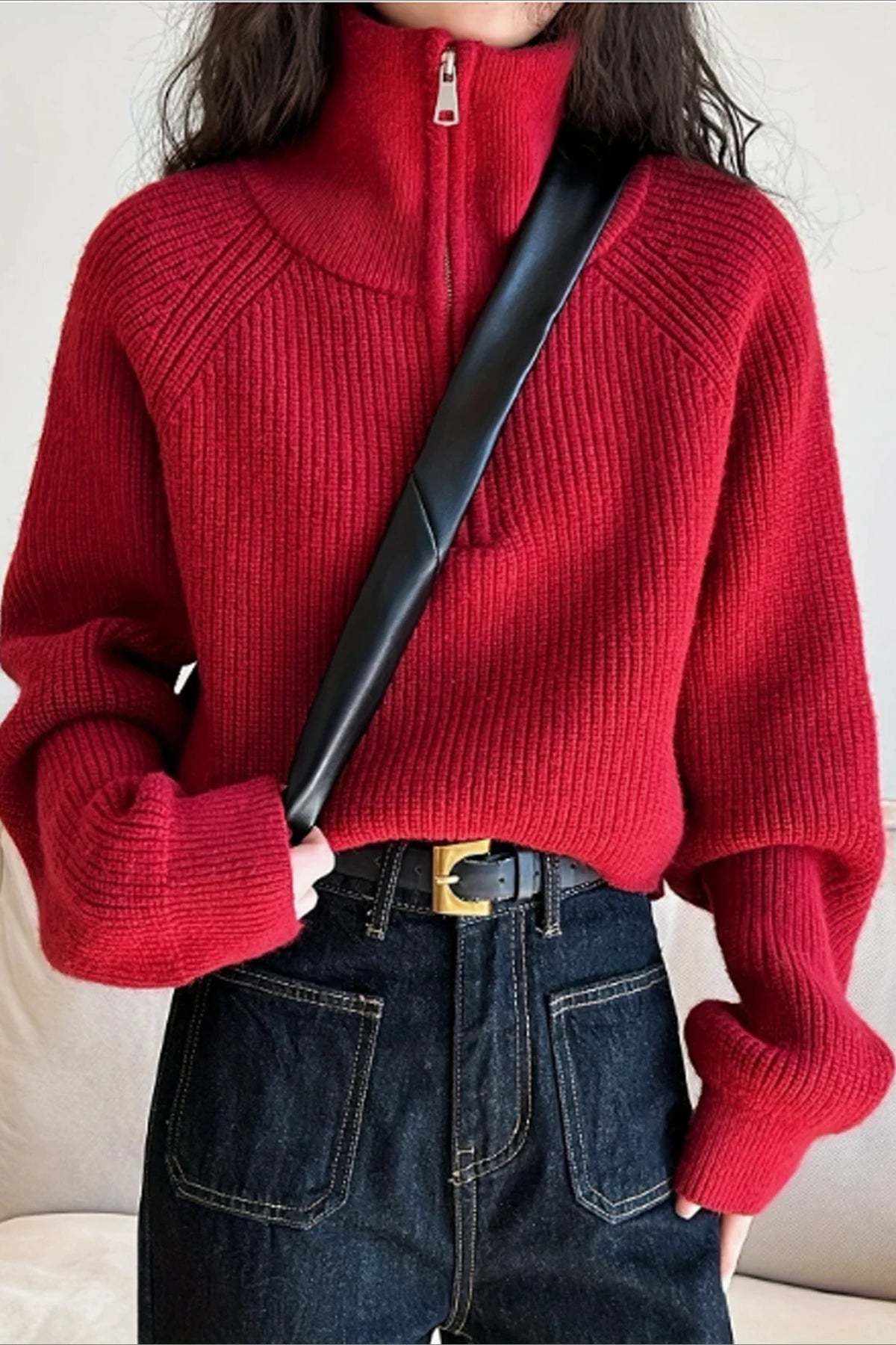 Half Zip Knit Turtleneck Sweater Red / One Size