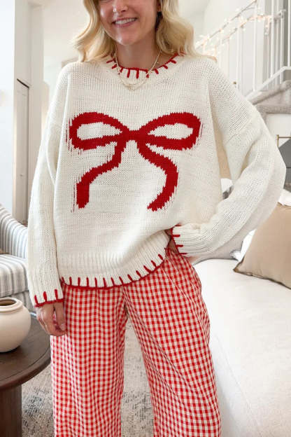Bow Jacquard Knit Pullover Sweater