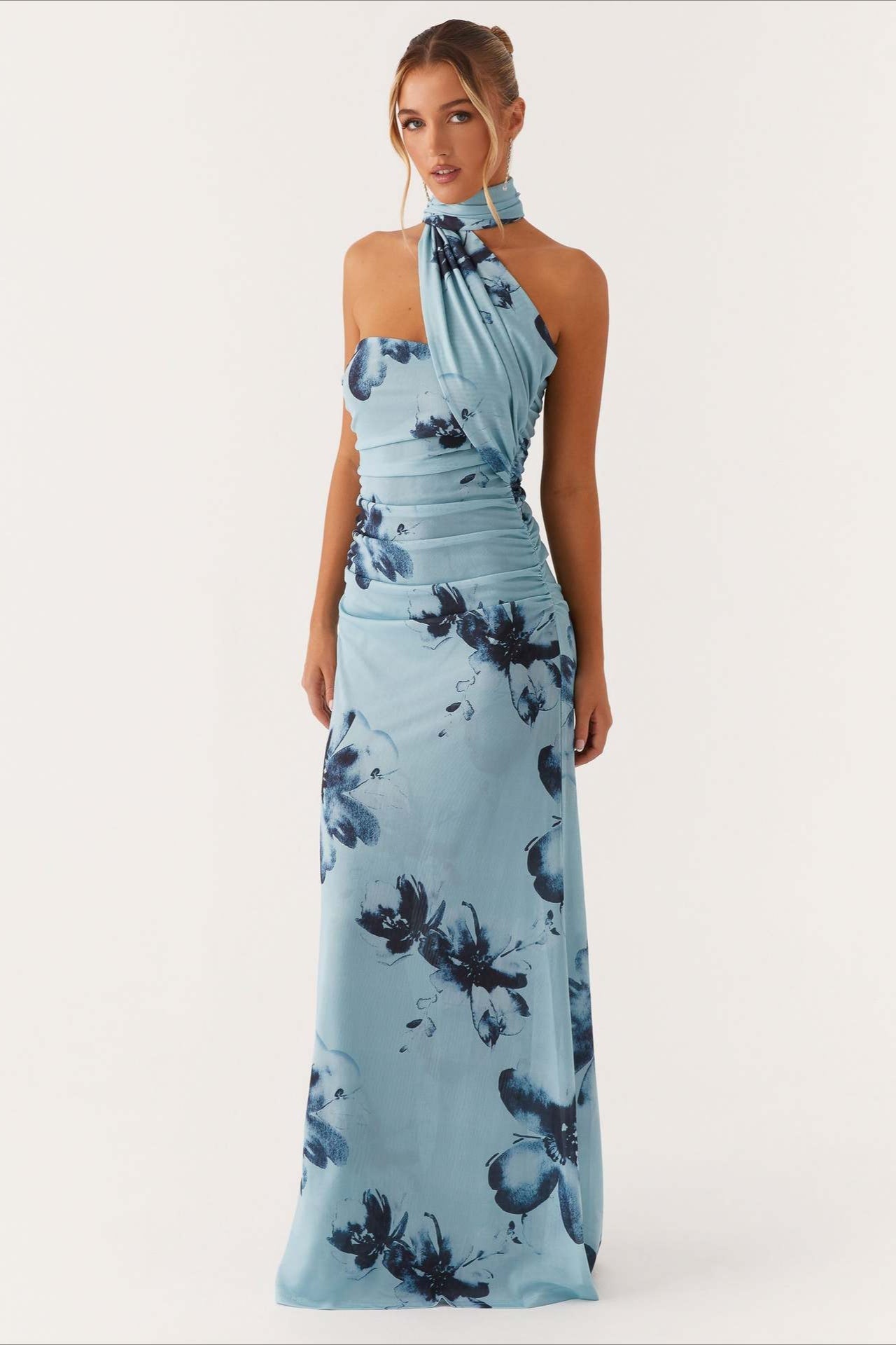 Tie Dye Mesh Spaghetti Strap Maxi Party Dress Blue / S