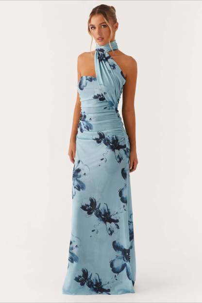 Tie Dye Mesh Spaghetti Strap Maxi Party Dress Blue / S