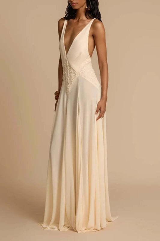 Deep V Neck Lace Patchwork Boho Dress