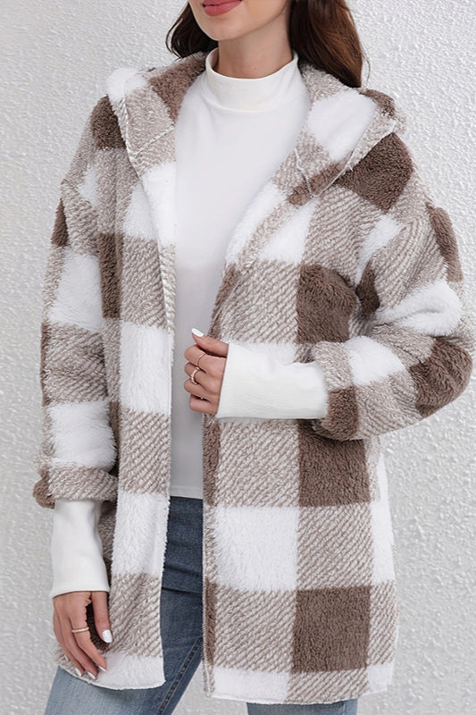 Plaid Fuzzy Hooded Mid Length Coat Brown / S