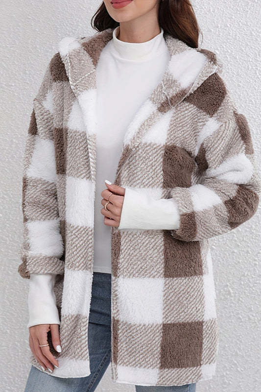 Plaid Fuzzy Hooded Mid Length Coat Brown / S
