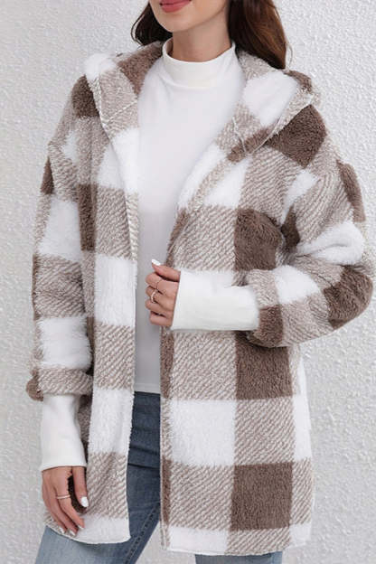 Plaid Fuzzy Hooded Mid Length Coat Brown / S