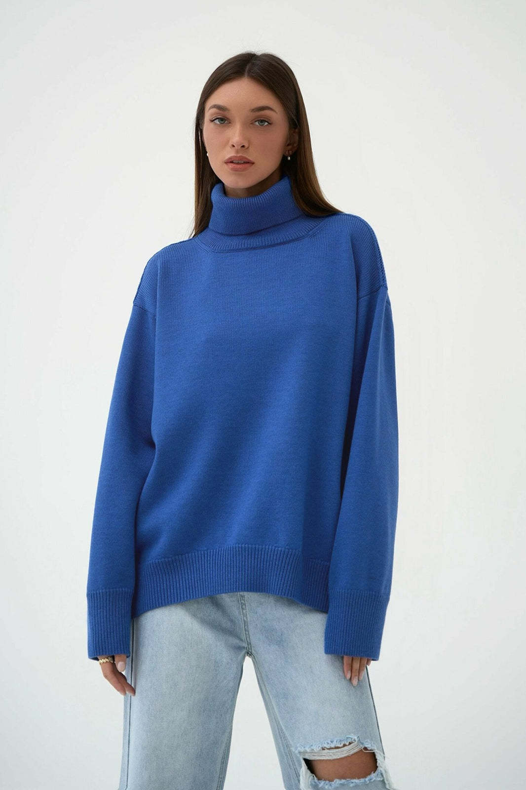 Turtleneck Loose Knit Pullover Sweater Blue / S