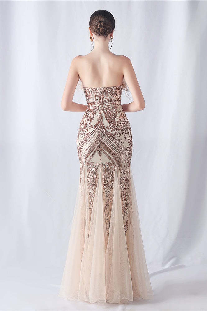 Ostrich Feather Sequin Evening Party Dress Gold / S