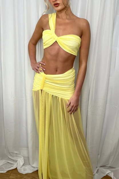 Asymmetrical Crop Top Boho Dress Yellow / S