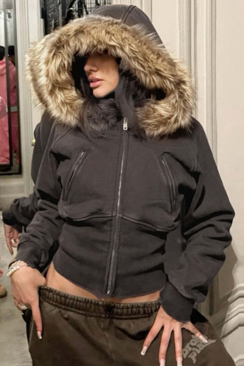 Street Style Fur Trim Sweatshirt Jacket Brown / S