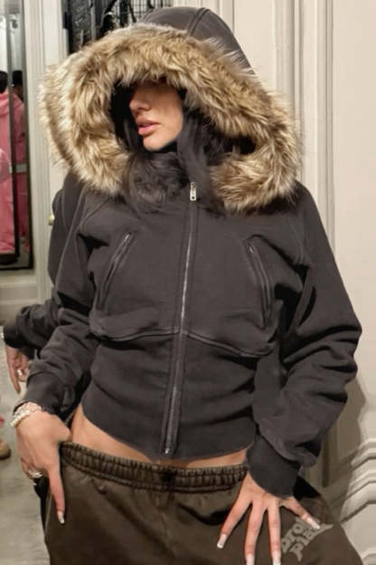 Street Style Fur Trim Sweatshirt Jacket Brown / S