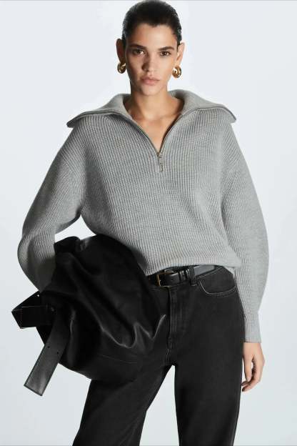 Fashion Wool Blend Open Collar Sweater Grey / XS
