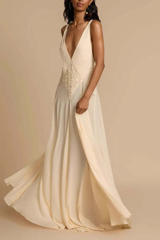 Deep V Neck Lace Patchwork Boho Dress Ivory / S