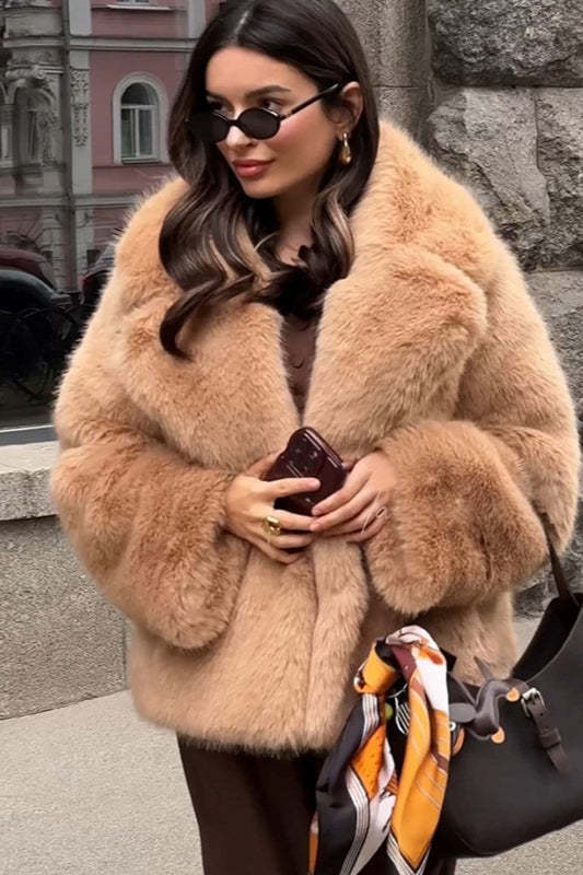 Solid Color Cropped Fur Coat Khaki / S coats