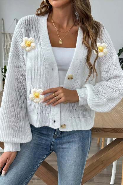 Short Floral Knit Long Sleeve Cardigan White / S