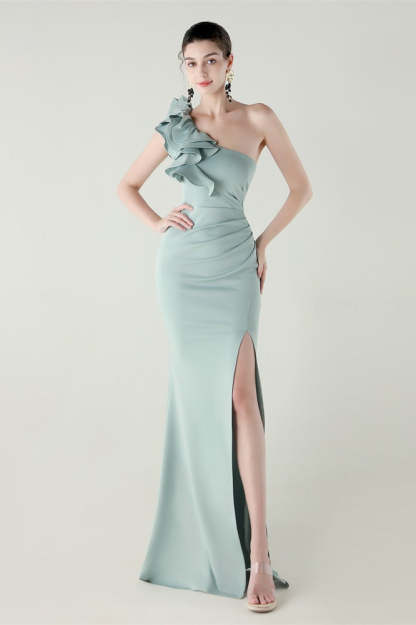 Ruffled Floral One Shoulder Satin Party Dress Light Green / S