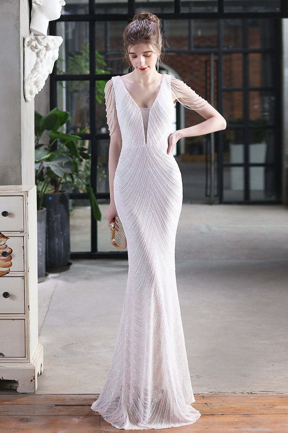 Elegant Sequin Mermaid Party Dress White / S
