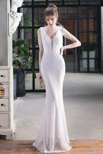 Elegant Sequin Mermaid Party Dress White / S