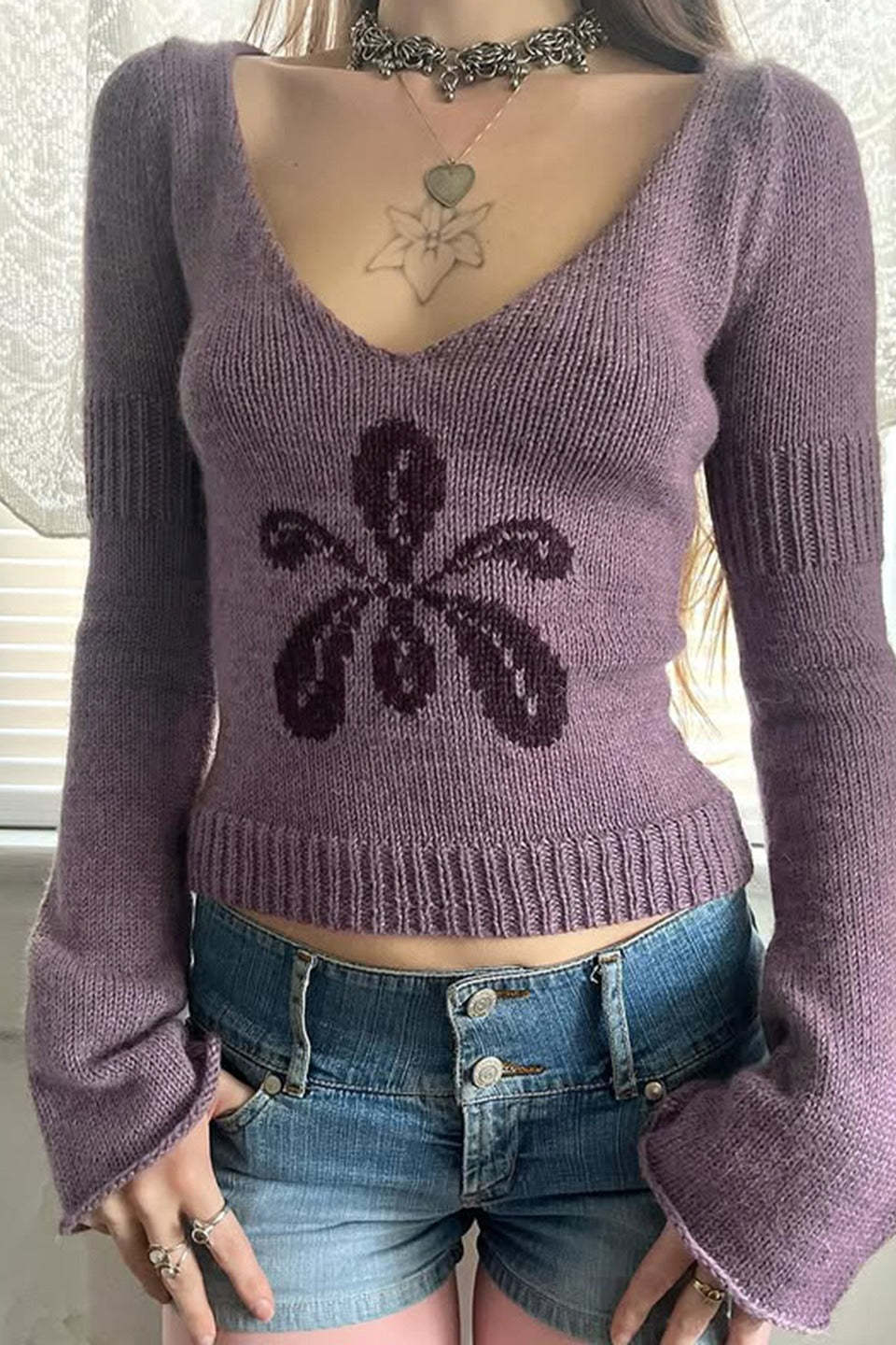 V Neck Floral Jacquard Sweater