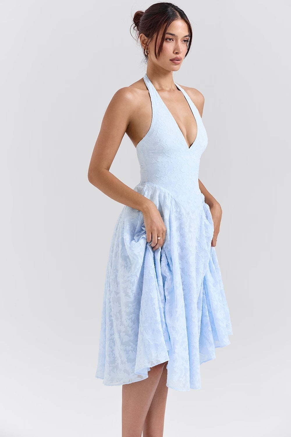Romantic Blue Halter Jacquard Party Dress S / Blue