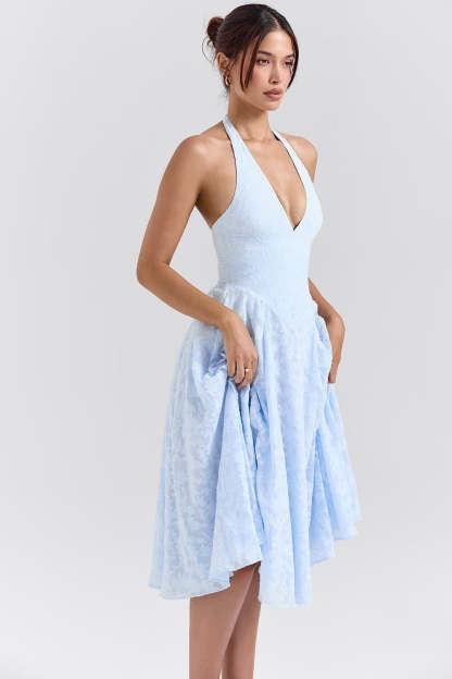 Romantic Blue Halter Jacquard Party Dress S / Blue