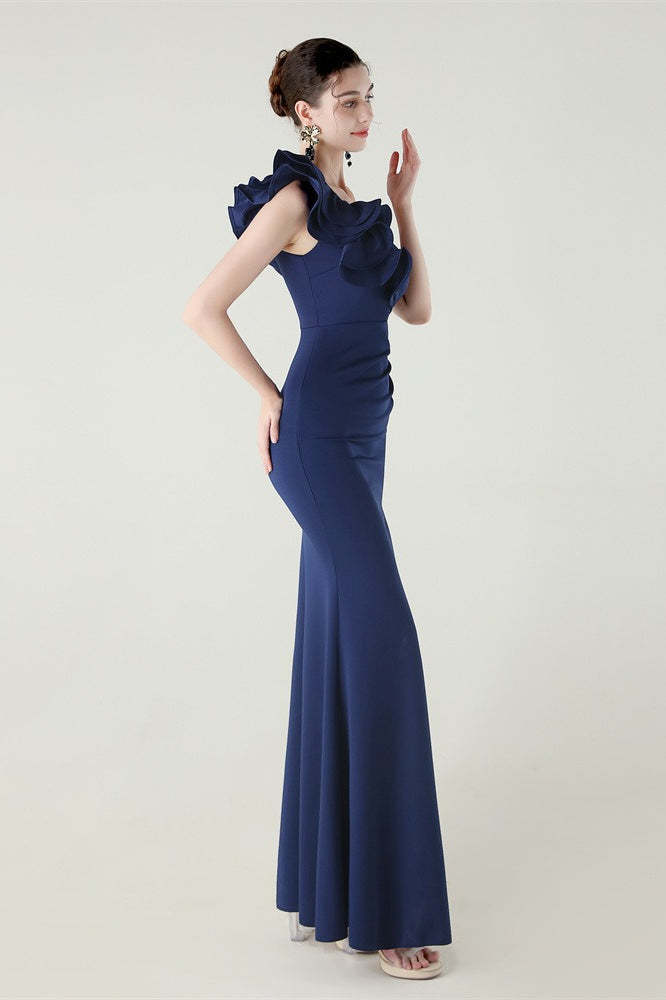 Ruffled Floral One Shoulder Satin Party Dress Navy blue / S