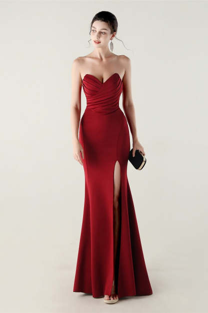 Strapless Sweetheart Pleated Party Dress Red / S