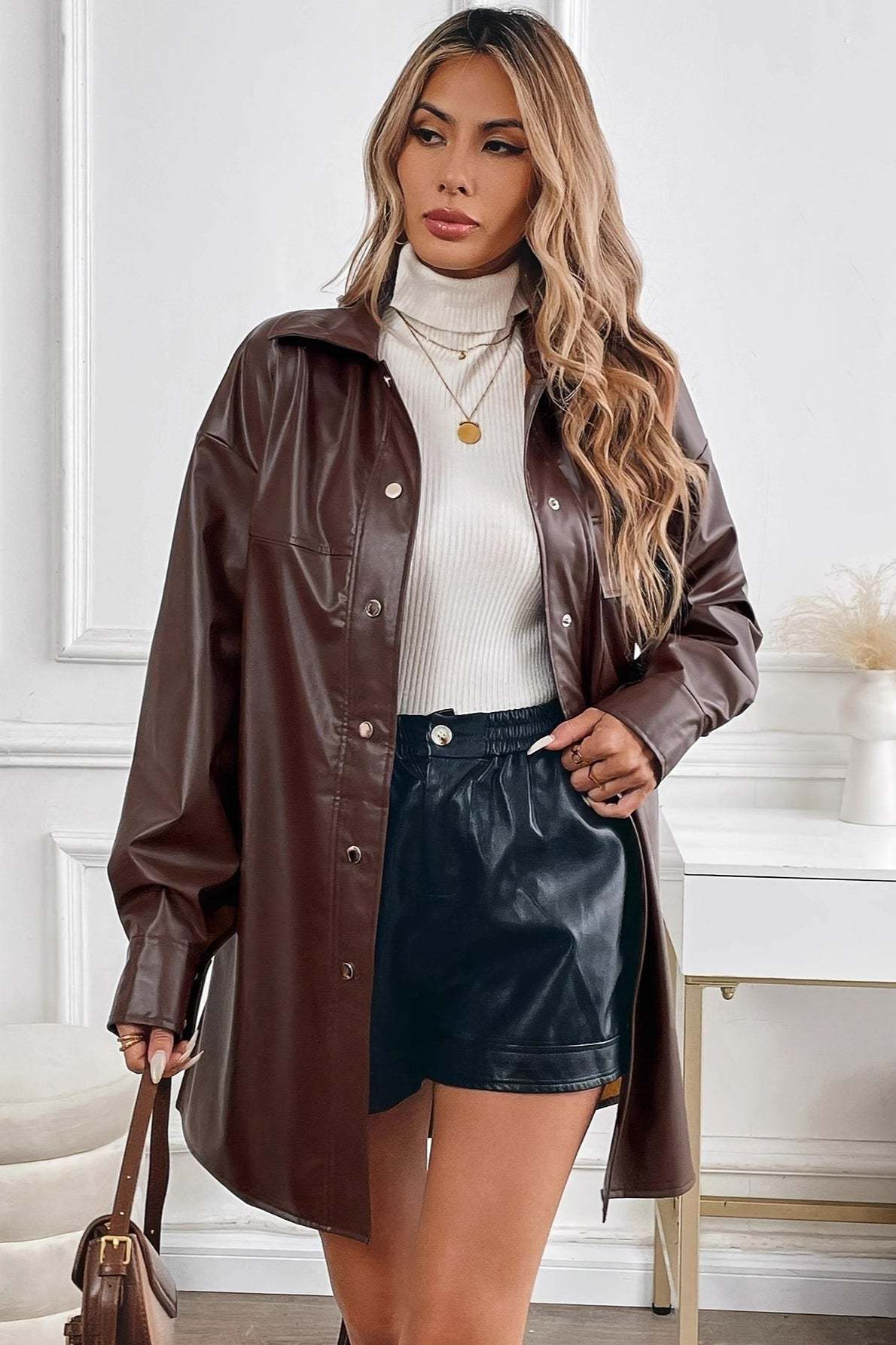 Mid Length Windproof PU Belted Coat Brown / S coats