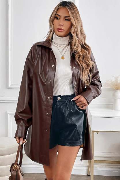 Mid Length Windproof PU Belted Coat Brown / S coats