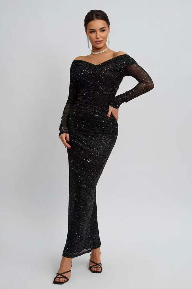 Strapless Mesh Long Sleeve Maxi Party Dress