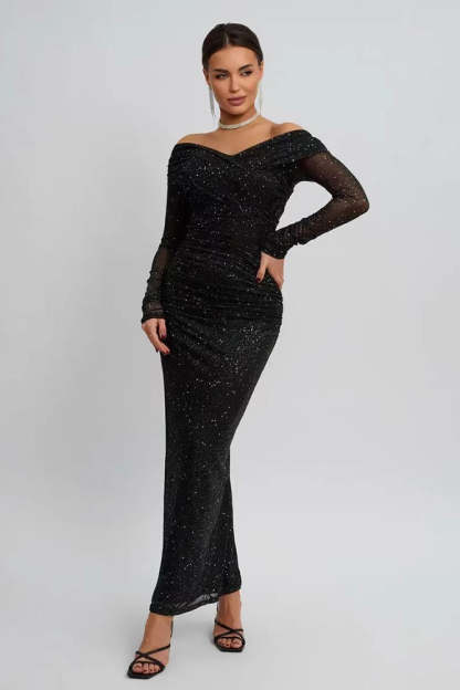Strapless Mesh Long Sleeve Maxi Party Dress