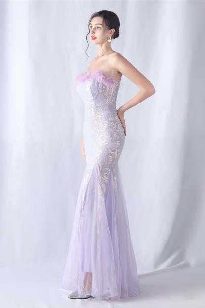 Ostrich Feather Sequin Evening Party Dress