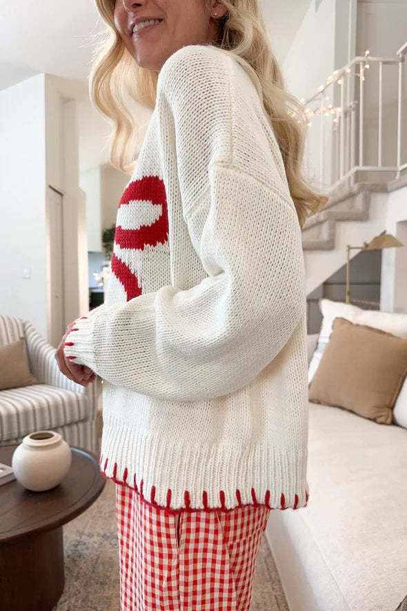 Bow Jacquard Knit Pullover Sweater