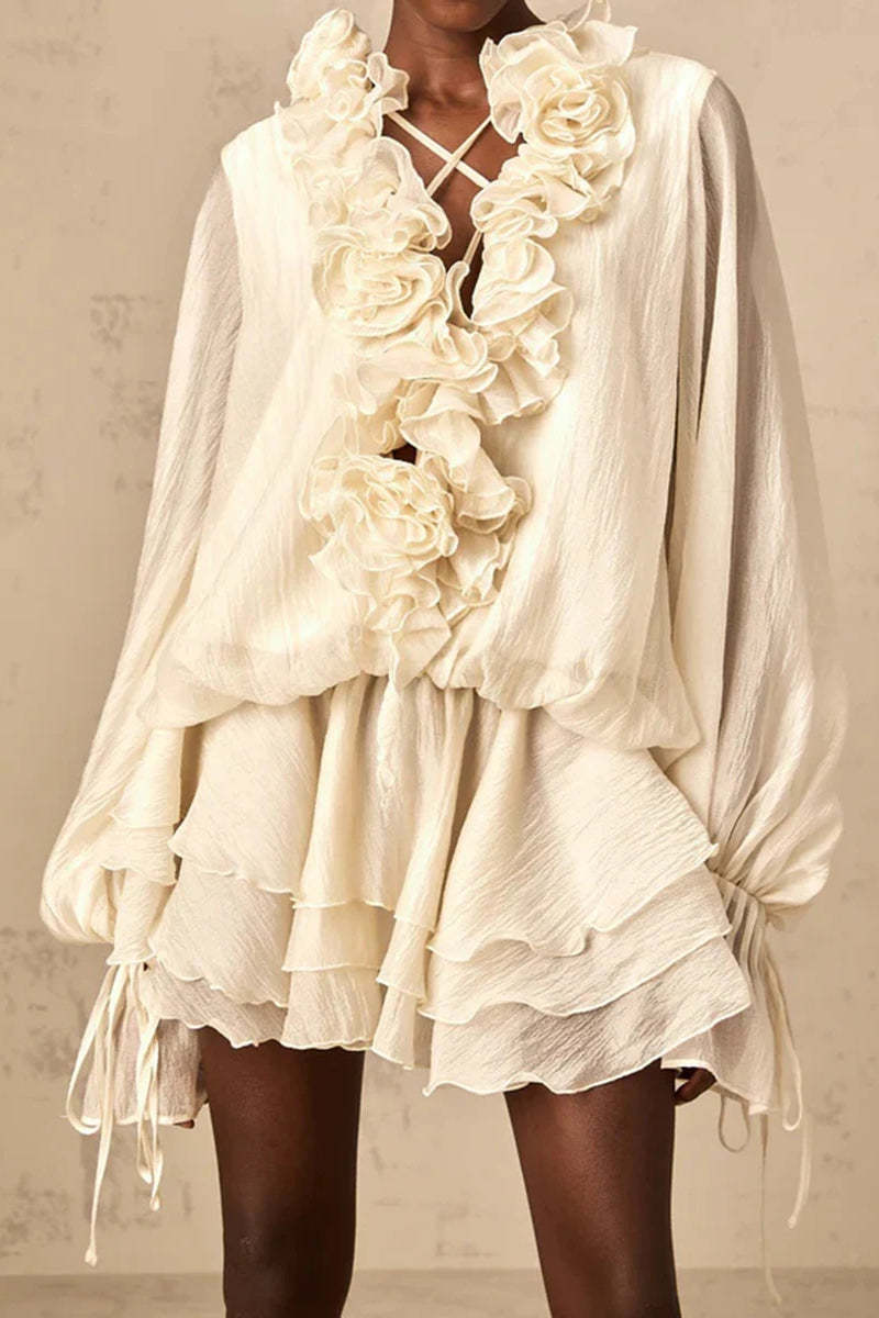 Loose Fit Folded Ruffle Boho Dress Ivory / XS