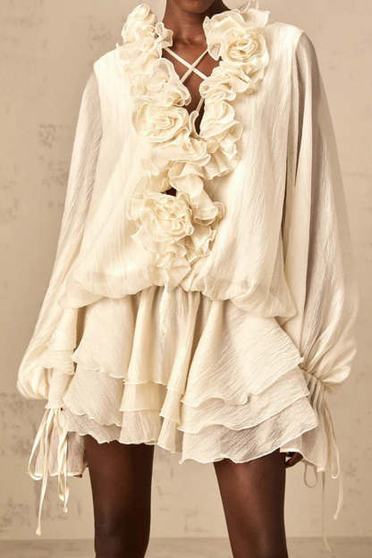 Loose Fit Folded Ruffle Boho Dress Ivory / XS