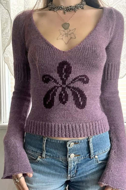 V Neck Floral Jacquard Sweater Purple / S