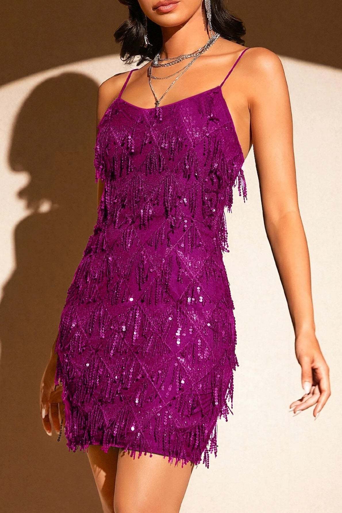 Sequin Fringe Trim Spaghetti Strap Party Dress