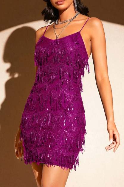 Sequin Fringe Trim Spaghetti Strap Party Dress