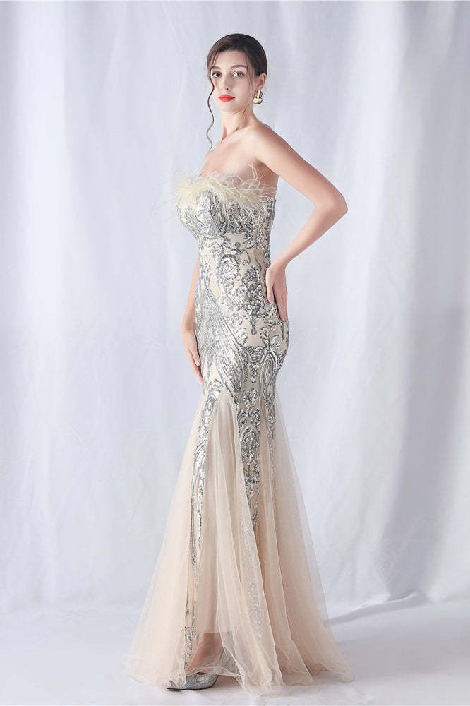 Ostrich Feather Sequin Evening Party Dress Silver / S