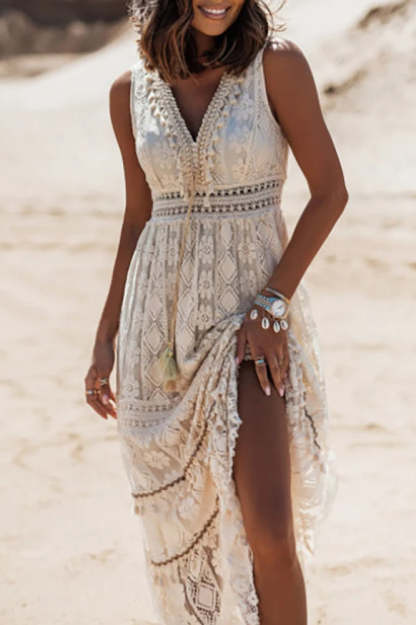 Lace V Neck Hollow Boho Dress