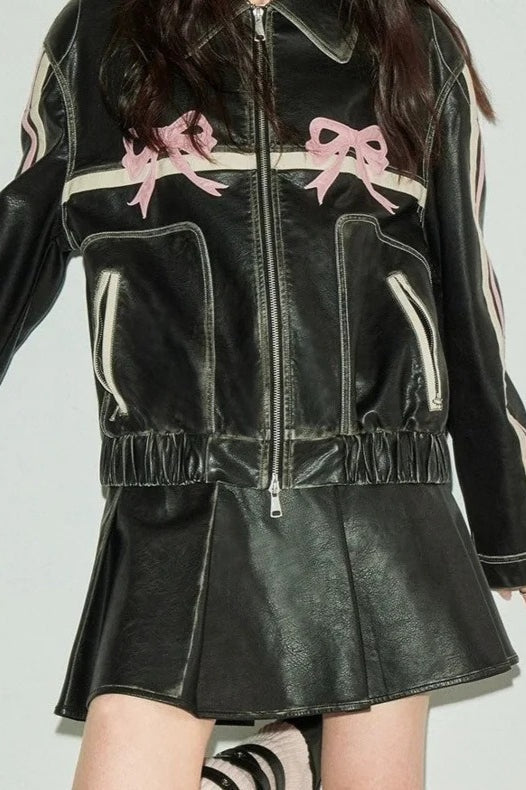 Bow Decor Faux Leather Moto Jacket
