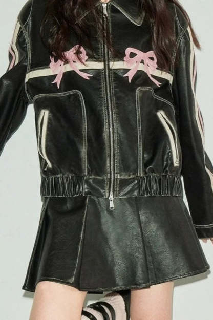 Bow Decor Faux Leather Moto Jacket