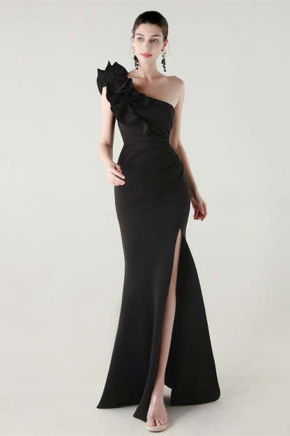 Ruffled Floral One Shoulder Satin Party Dress Black / S