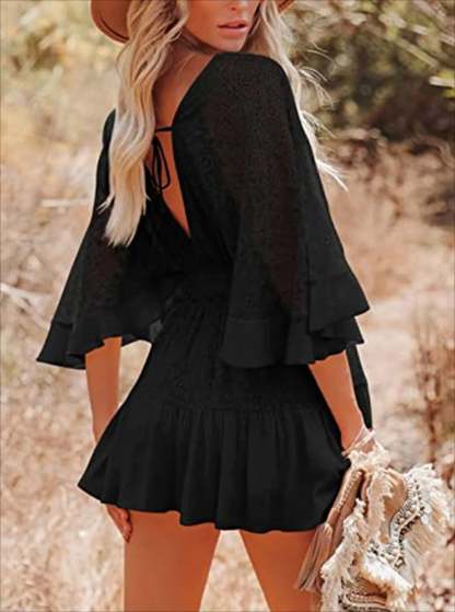 Lace V Neck Ruffle Mini Boho Dress