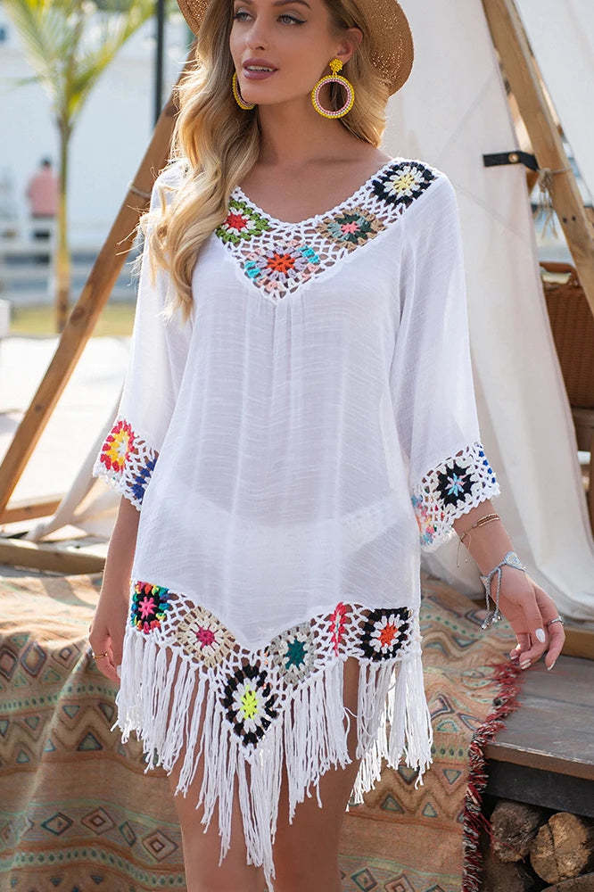 White Fringe Trim Boho Dress White / one size