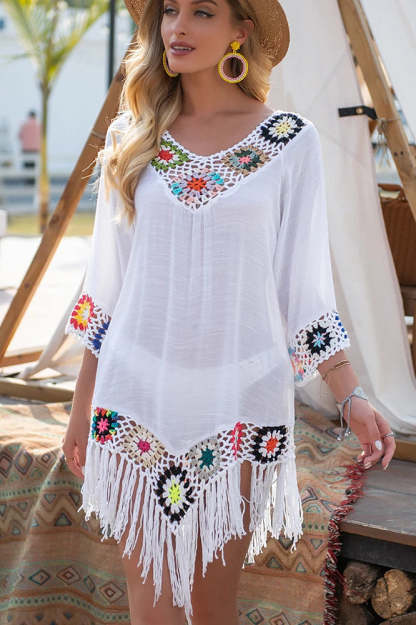White Fringe Trim Boho Dress White / one size