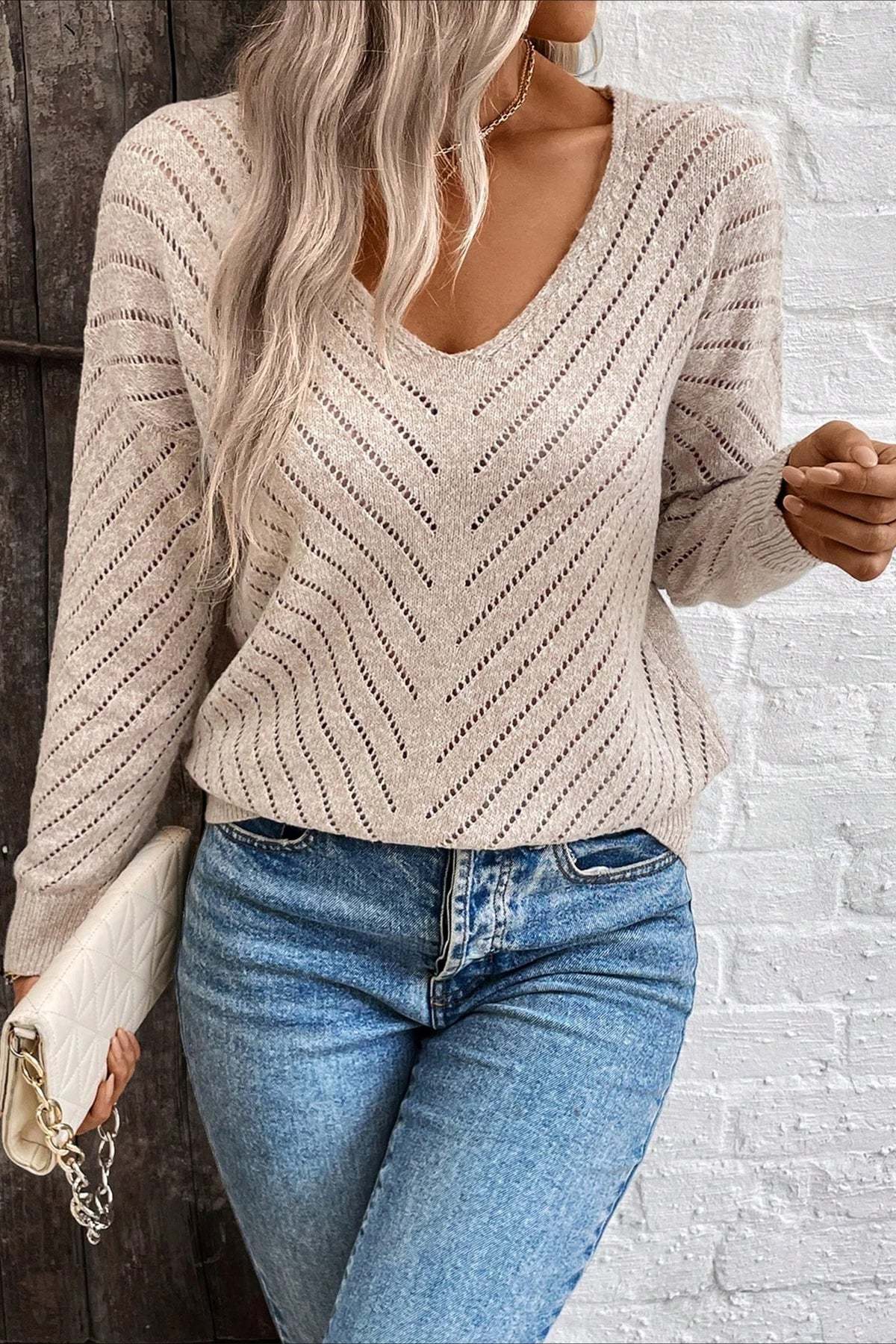 Hollow Knit Loose Pullover Sweater Apricot / S